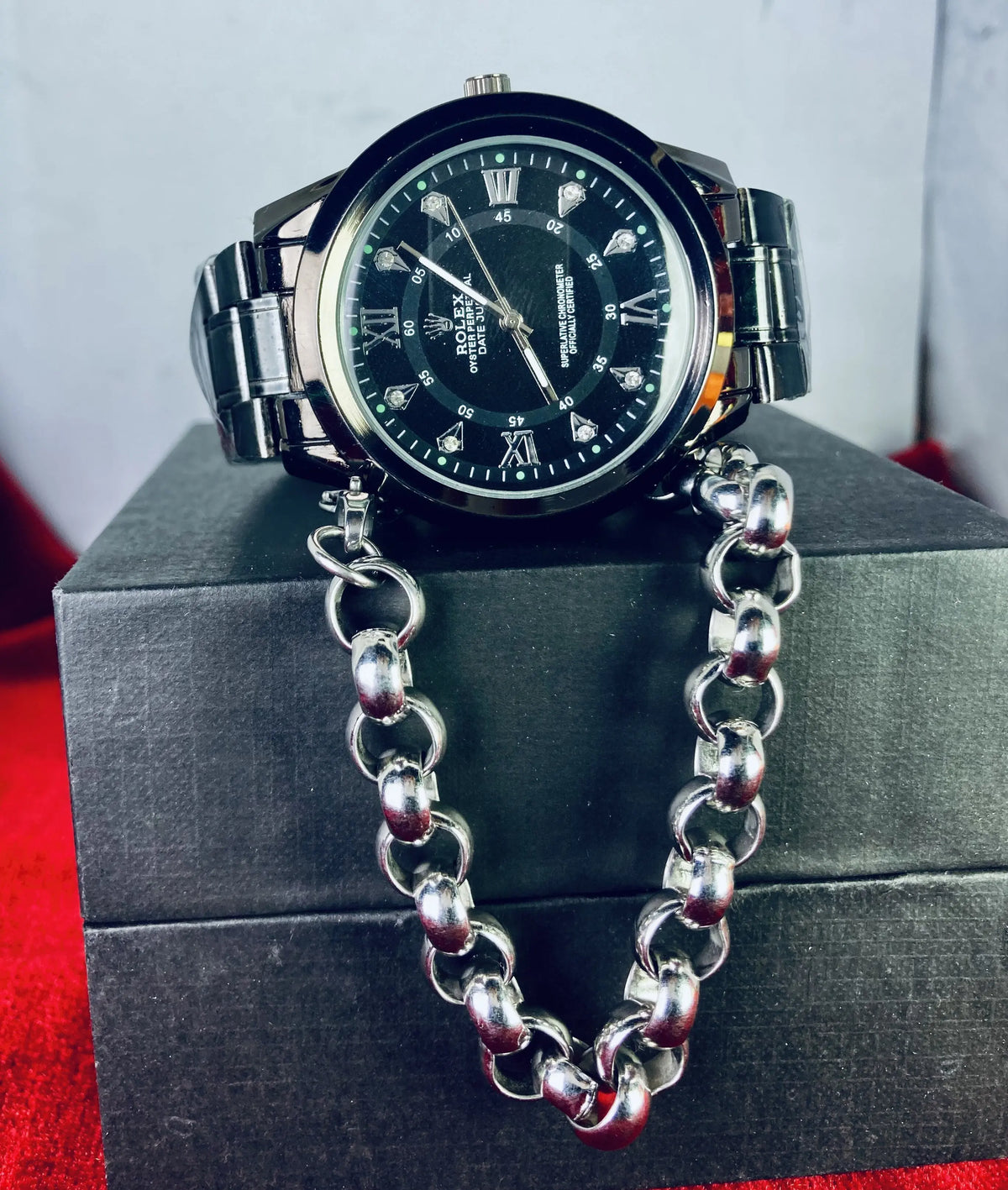 Black Rolex-Inspired Watch – Shiny Front Glass & Chain Gift Akun Treasures