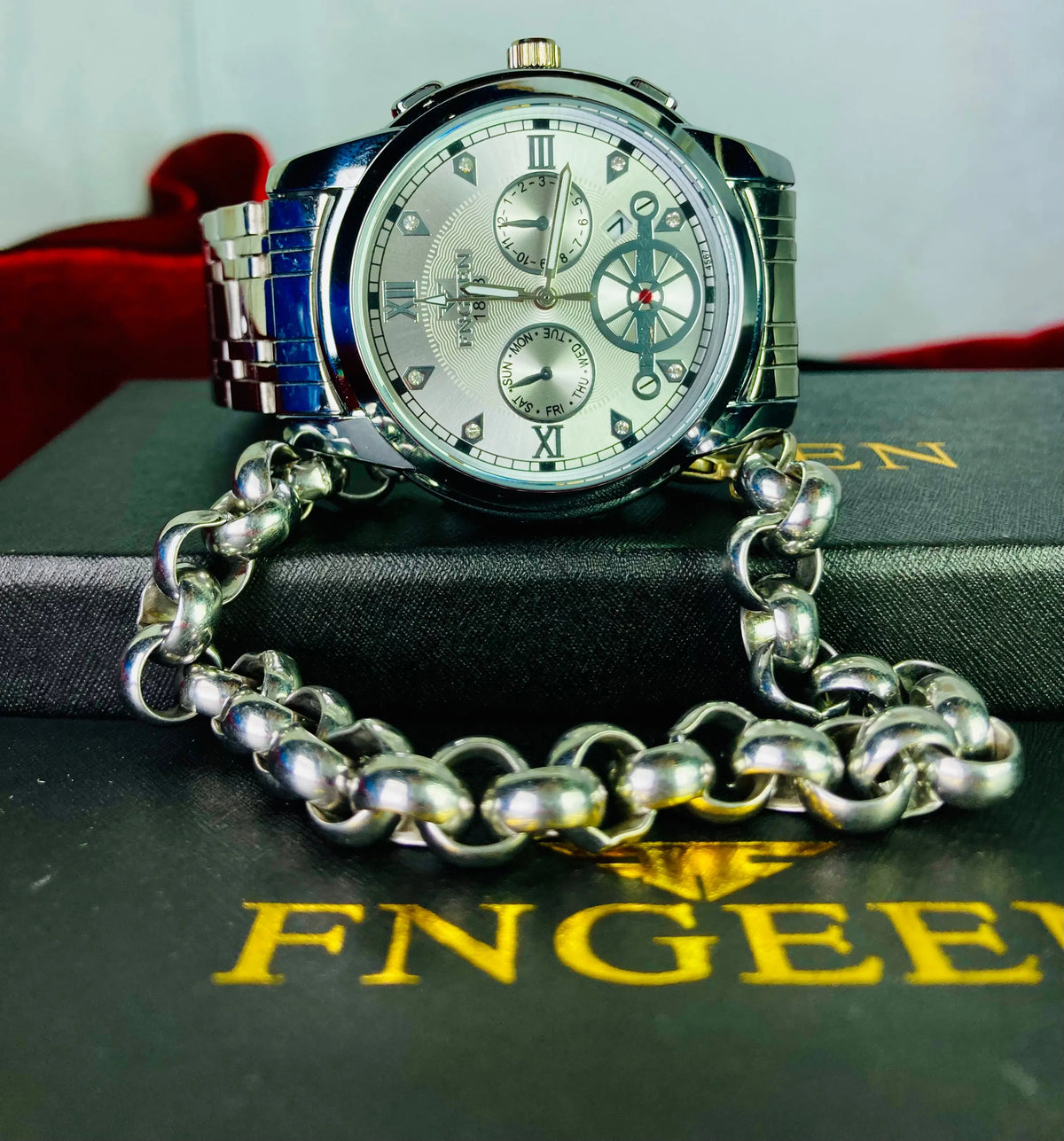 FNGEEN Stainless Steel Watch – Elegant Design with Original Box & Bracelet Gift Akun Treasures