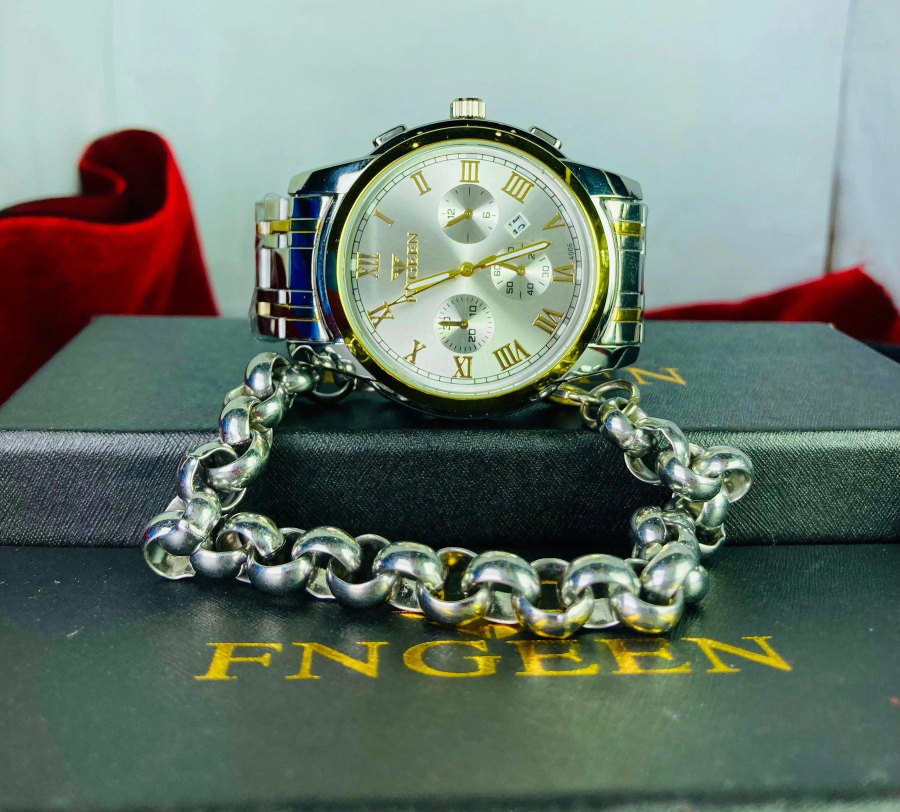 FNGEEN Stainless Steel Watch – Elegant Design with Original Box & Bracelet Gift Akun Treasures