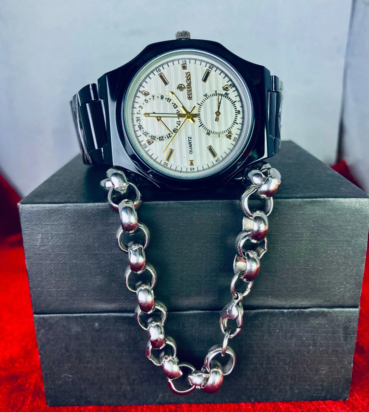 Fitross Black Chain Watch – Stylish Front White Dial with Bracelet Gift Akun Treasures