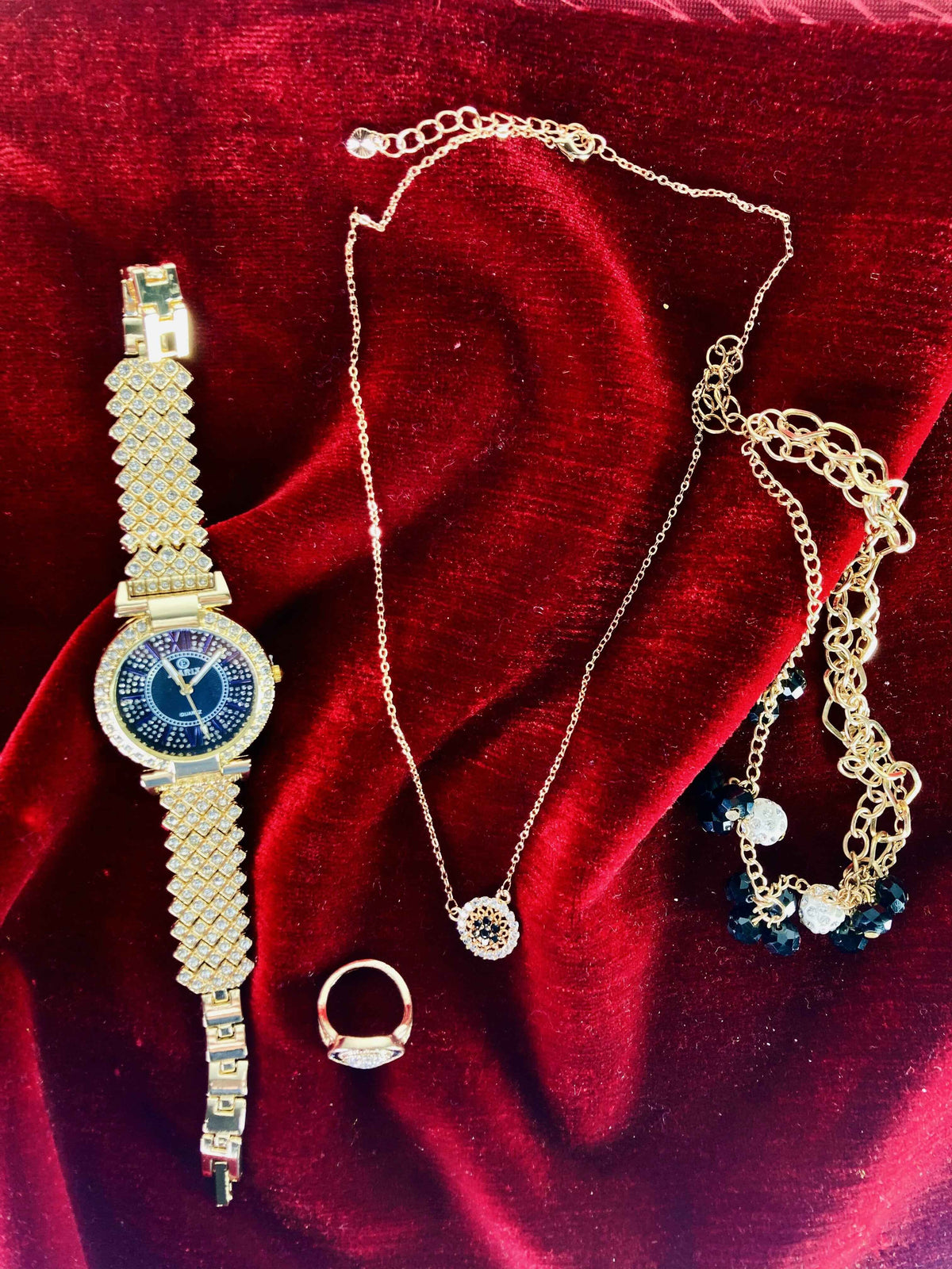 Elegant Jewelry Set – Watch, Necklace, Bracelet & Ring in White, Golden, Rose Gold