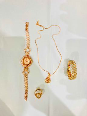 Elegant Jewelry Set – Watch, Necklace, Bracelet & Ring in White, Golden, Rose Gold