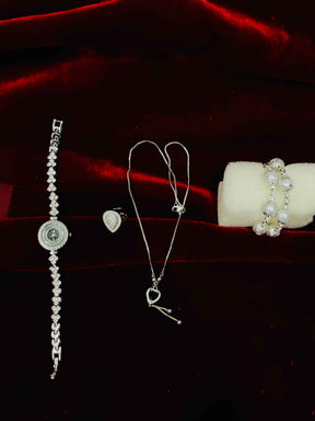 Elegant Jewelry Set – Watch, Necklace, Bracelet & Ring in White, Golden, Rose Gold